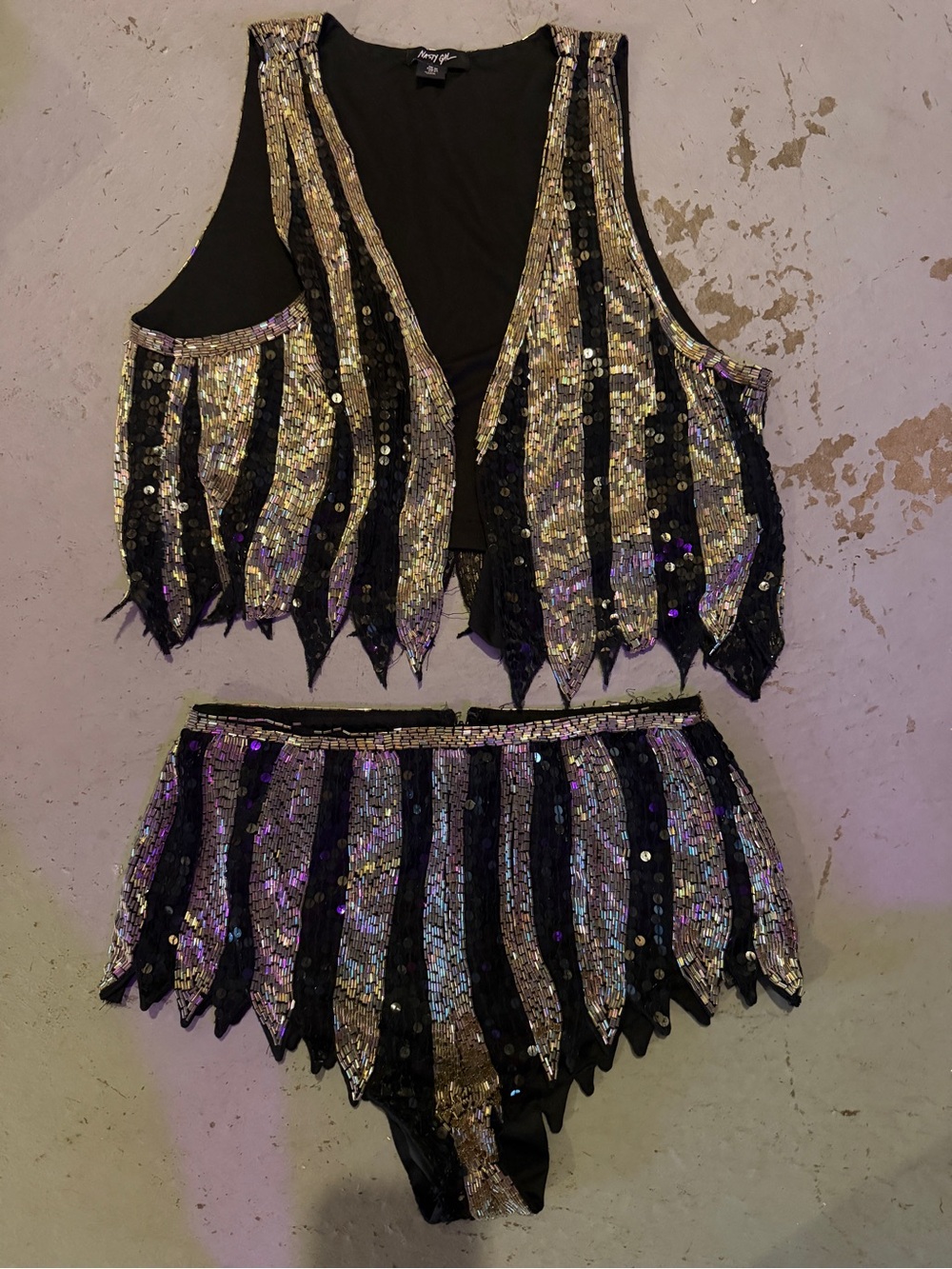 Nasty Gal Black and Silver Sequin Vest and Short Set